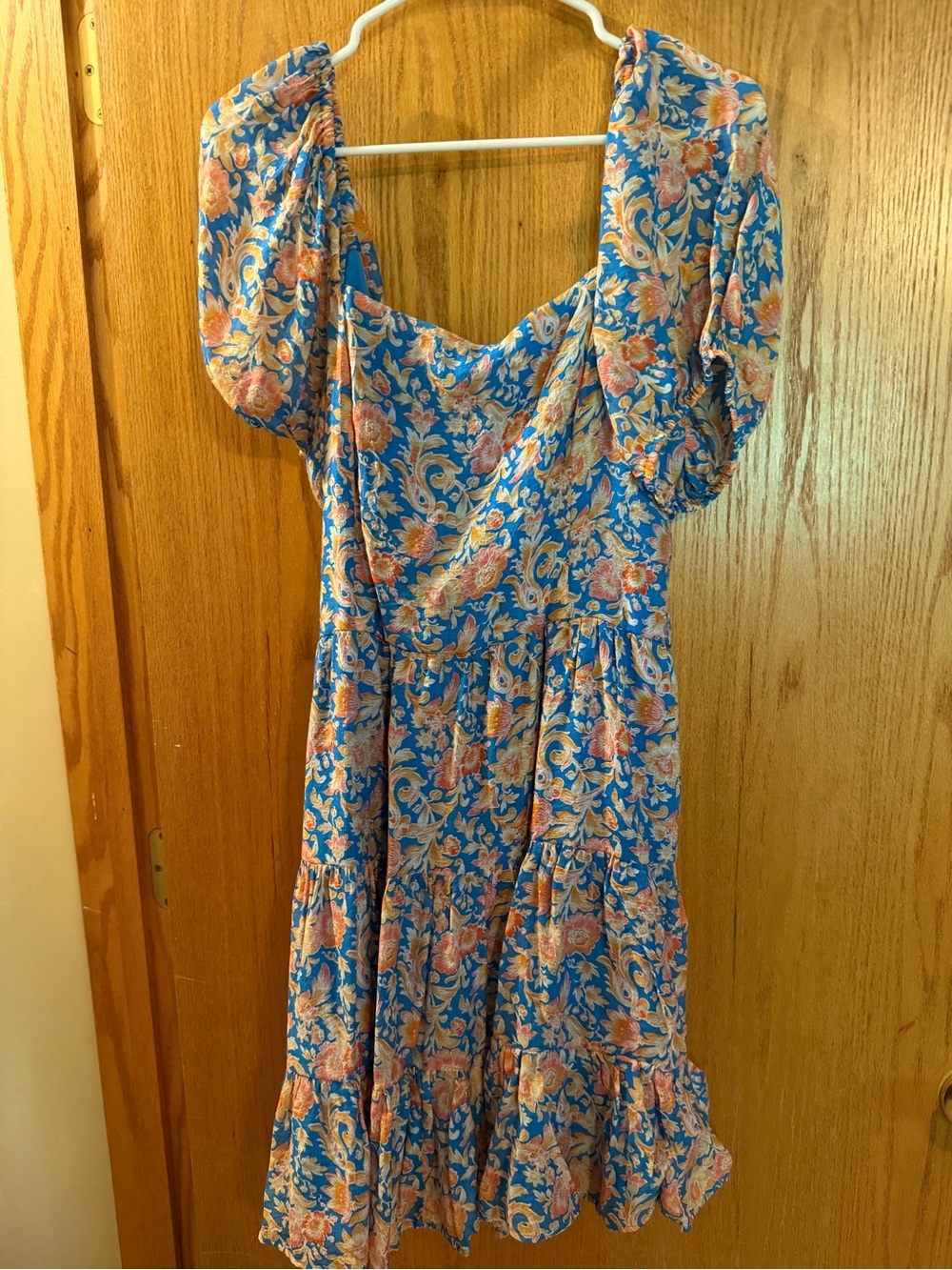 1. State Blue Floral Puff-Sleeve Midi Dress with Peach Accents